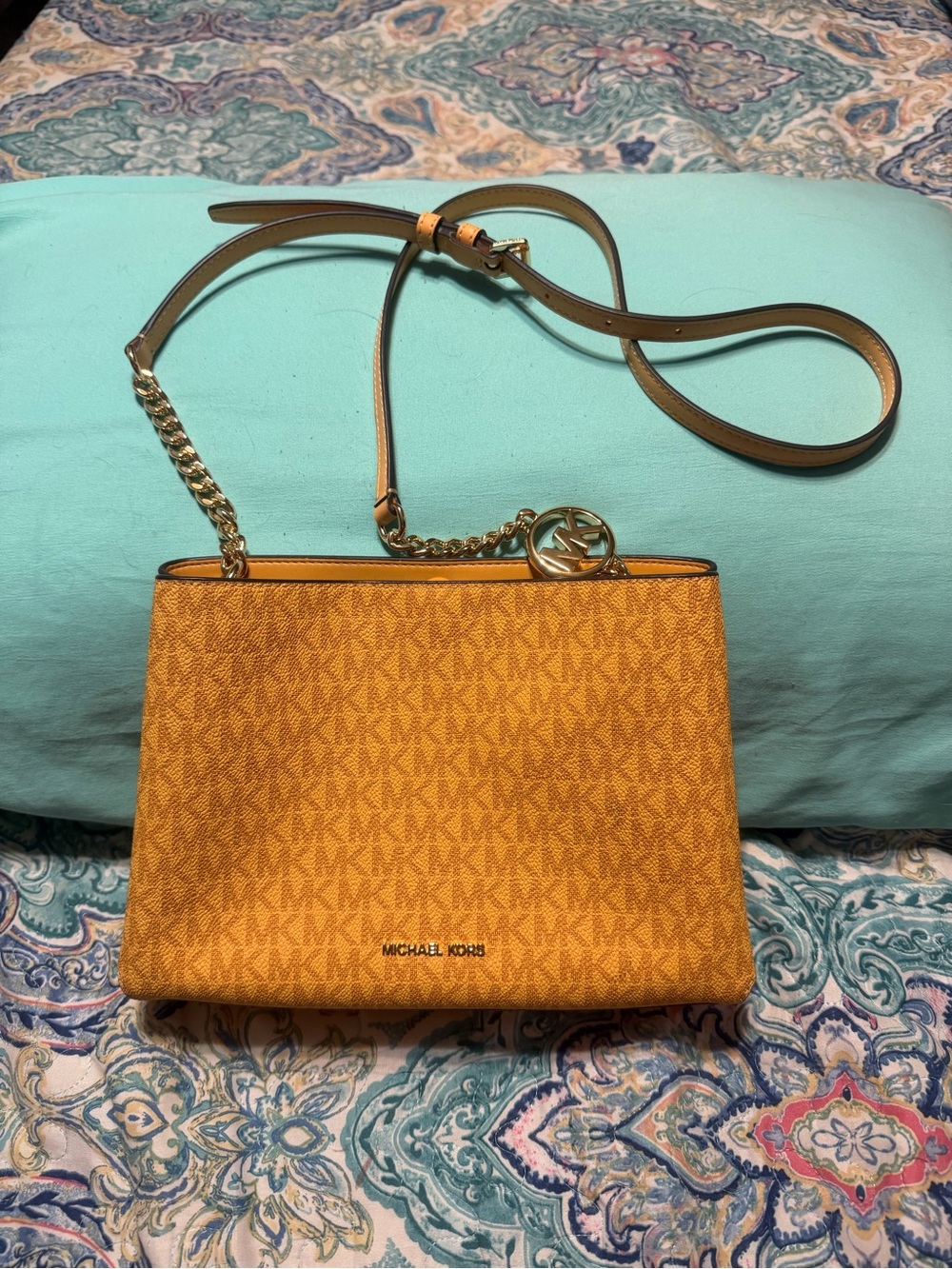 Michael Kors Mustard Yellow Signature Crossbody with Gold Chain